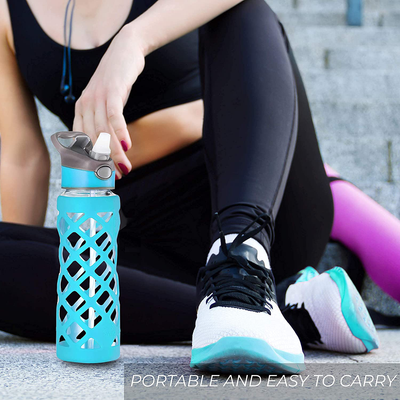 Clear Glass Bottles with Straw, 25 Oz Heat Resistant Glass Sports Bottles, Reusable Water Bottle, Tumbler with Silicone Sleeve, Blue by Swig Savvy