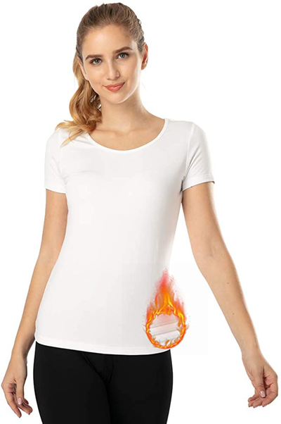 MANCYFIT Thermal Top for Women Fleece Lined Shirt Short Sleeve Base Layer