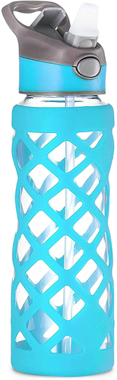 Clear Glass Bottles with Straw, 25 Oz Heat Resistant Glass Sports Bottles, Reusable Water Bottle, Tumbler with Silicone Sleeve, Blue by Swig Savvy