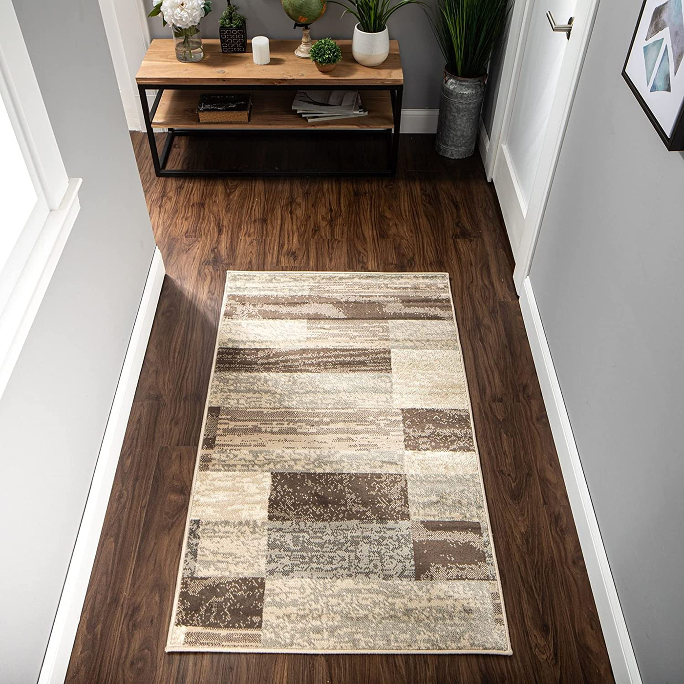 SUPERIOR Rockwood Modern Geometric Patchwork Polypropylene Indoor Area Rug or Runner with Jute Backing, 2'6" X 8', Slate