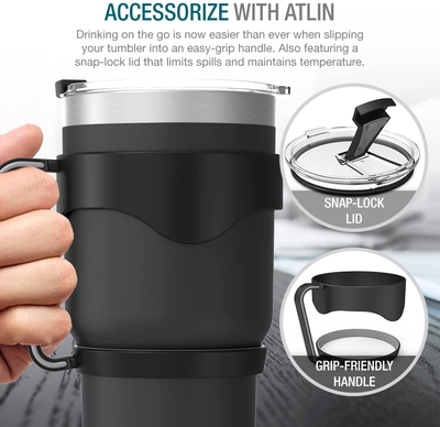 Atlin Tumbler [30 oz. Double Wall Stainless Steel Vacuum Insulation] - Black Travel Mug [Crystal Clear Lid] Water Coffee Cup [Straw + Handle Included]For Home, Office, School, Ice Drink, Hot Beverage