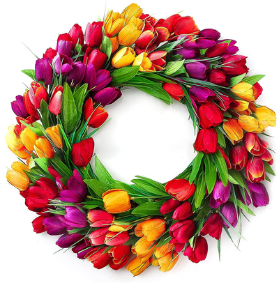 Tulip Wreath for Front Door, Heflashor 19 Inch Silk Flower Wreath Large Fall Door Wreath Artificial Floral Wreath for Home Wall Wedding Office Party Fistival Welcome Decor