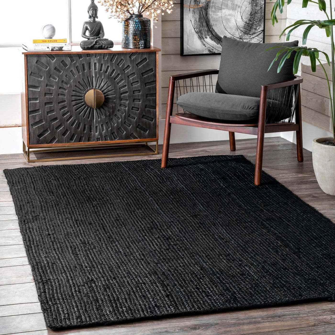 nuLOOM Rigo Hand Woven Farmhouse Jute Accent Rug, 2' x 3', Black