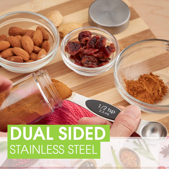 Spring Chef Magnetic Measuring Spoons Set, Dual Sided, Stainless Steel, Fits in Spice Jars, Black, Set of 8