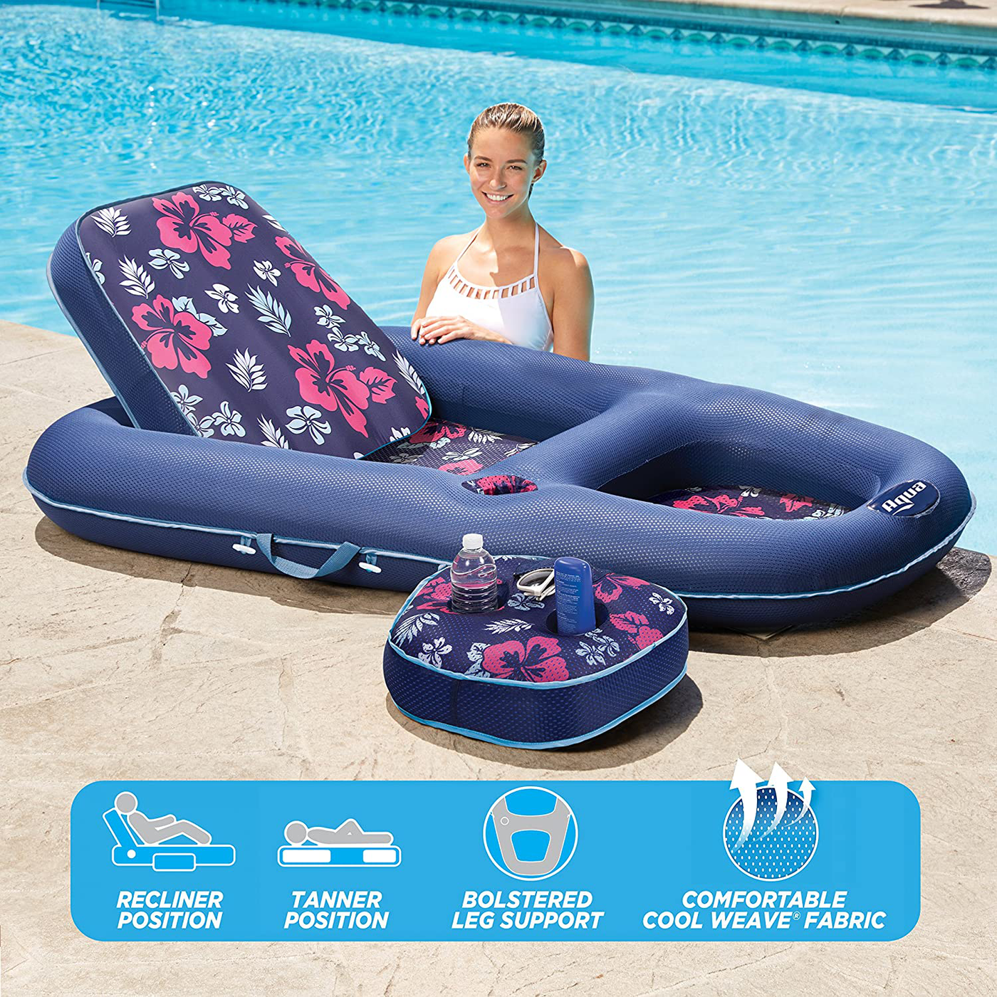 Aqua Campania Ultimate 2 in 1 Recliner & Tanner Pool Lounger with Adjustable Backrest and Caddy, Inflatable Pool Float