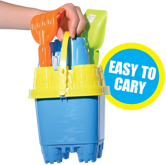 Prextex 10 Piece Beach Toys Sand Toys Set, Bucket with Sifter, Shovel, Rake, Watering Can, Animal and Castle Sand Molds