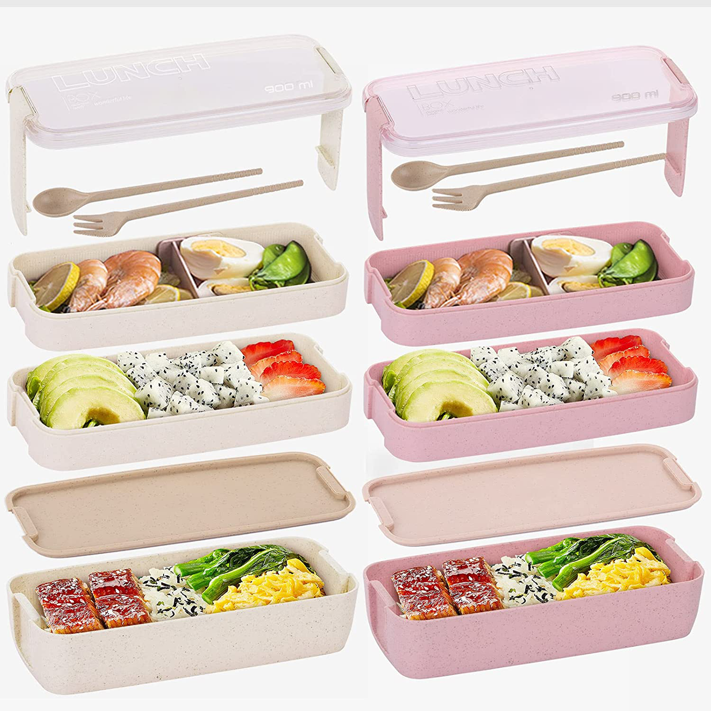 Bento Box for Kids Lunch Boxes Adults 3-In-1 Meal Prep Container, 900ML Janpanese Lunch Box with Compartment, Wheat Straw, Leak-proof, Spoon & Fork BPA-free - Beige+Pink