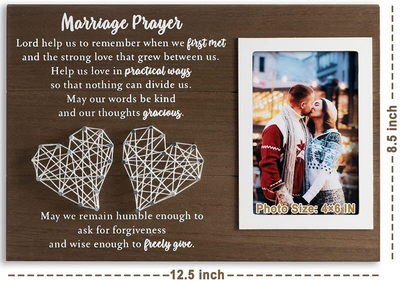 12.5×8.5 Marriage Prayer Wedding Gifts for Couples Anniversary, Rustic Wood Plaque Christian Engagement Gifts for Bridal Her Wife, Home Bedroom Decor with Handmade String Heart & Picture Frame