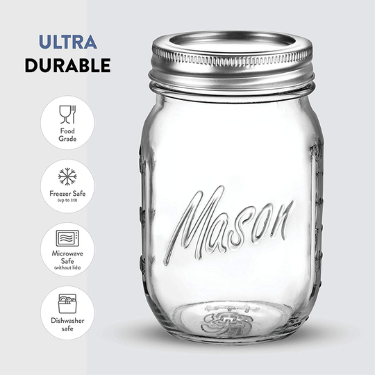 Regular-Mouth Glass Mason Jars, 16-Ounce Glass Canning Jars with Silver Metal Airtight Lids and Bands with Measurement Marks, for Canning, Preserving, Meal Prep, Overnight Oats, Jam, Jelly, (10 Pack)