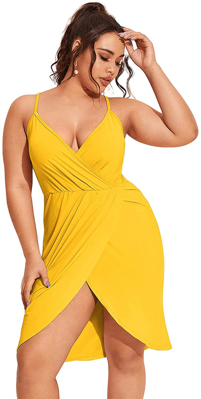 Romwe Women's Plus Size Sexy Wrap Deep V-Neck Split Summer Spaghetti Strap Sleeveless Party Mini Cami Dress