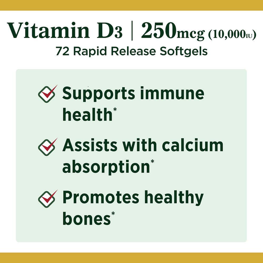 Nature's Bounty Vitamin D for Immune Support and Promotes Healthy Bones, 10000IU, Softgels, Multi-Color, 10,000 IU, 72 Count (Pack of 1)
