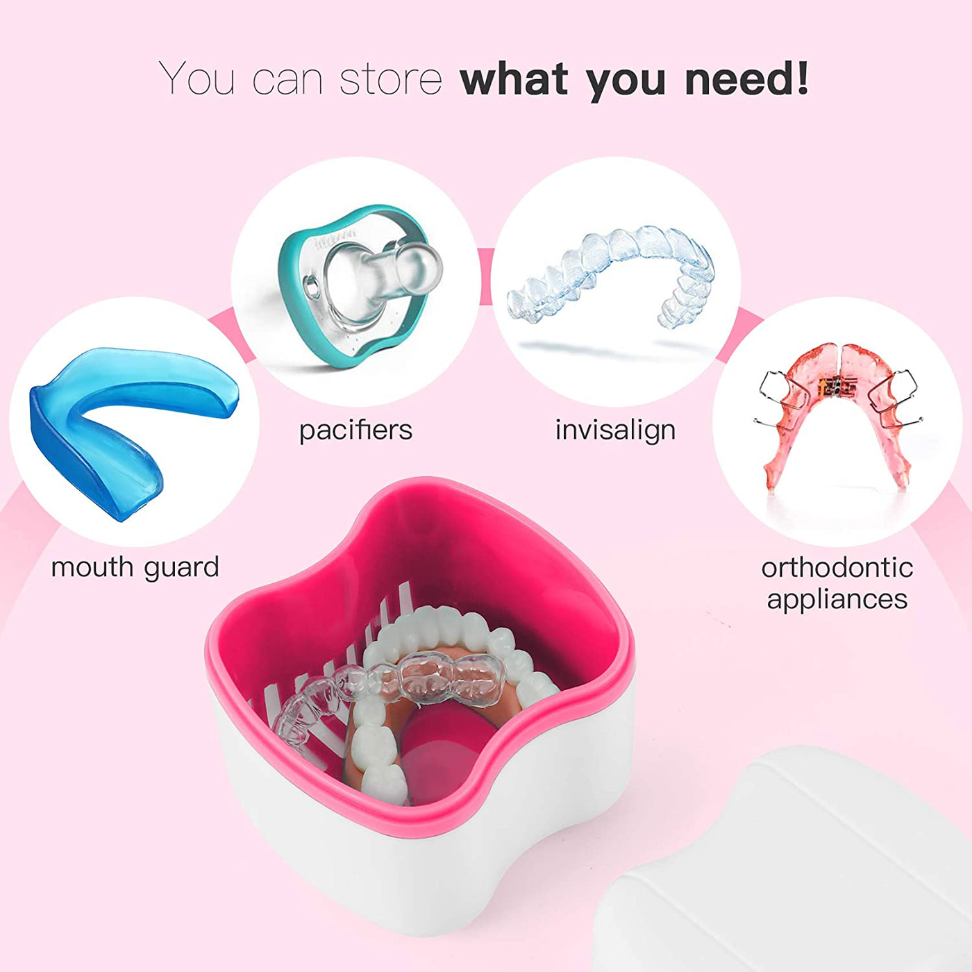 Dental Retainer Case Box Orthodontic Mouthguard Storage Case,Denture Retainer Container Teeth Bath Soaking Cup for Office|Travel|Household (Pink)