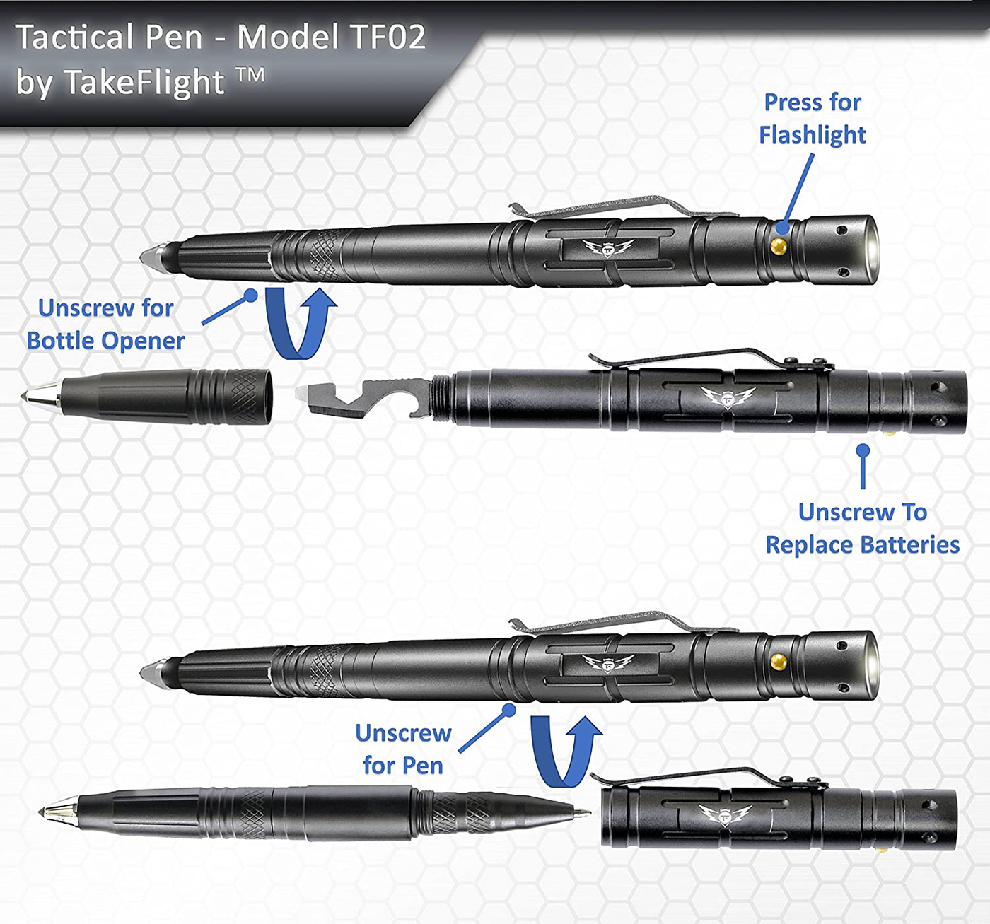 TAKEFLIGHT Tactical Pen Survival Gear – Aircraft-Grade Aluminum LED Tactical Flashlight Multi Tool – Rugged, Lightweight EDC Pen Survival Tool – Glass Breaker, Bottle Opener, Screwdriver, Gift Boxed