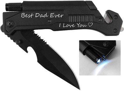 Engraved Pocket Knife,Best Dad Ever, Dad Pocket Knife for Men with 6 Functions, LED Light, Fire Starter, Bottle Opener,Seat Belt Cutter,Glass Breaker