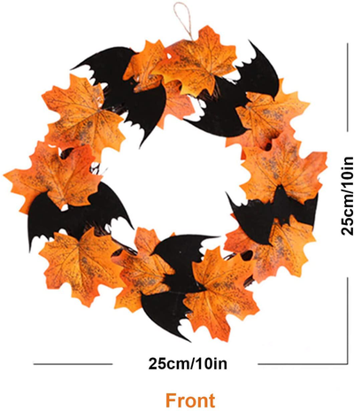 Orgrimmar 10” Halloween Maple Wreath Garland Artificial Maple Leaf Bats Vines Door Hanging for Halloween Party Thanksgiving Harvest’s Day Decoration