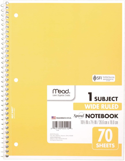 Mead Spiral Notebooks, 1 Subject, Wide Ruled Paper, 70 Sheets, Colored Note Books, Lined Paper, Home School Supplies for College Students & K-12, 10-1/2" x 7-1/2" Assorted Colors, 6 Pack (73063)