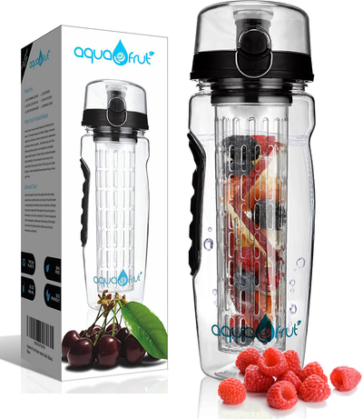 AquaFrut 32 OZ Fruit Infuser Water Bottle BPA-Free Fruit Infusion Sports Bottle - Flip Top Lid w Drinking Spout, Leak Proof, Made of Durable Tritan. Free Recipe eBook! (Teal)