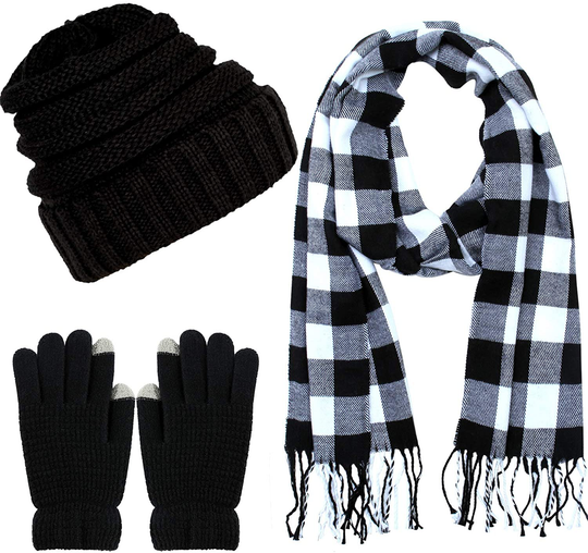 Aneco Winter Warm Knitted Scarf Beanie Hat and Gloves Set Men & Women's Soft Stretch Hat Scarf and Mitten Set