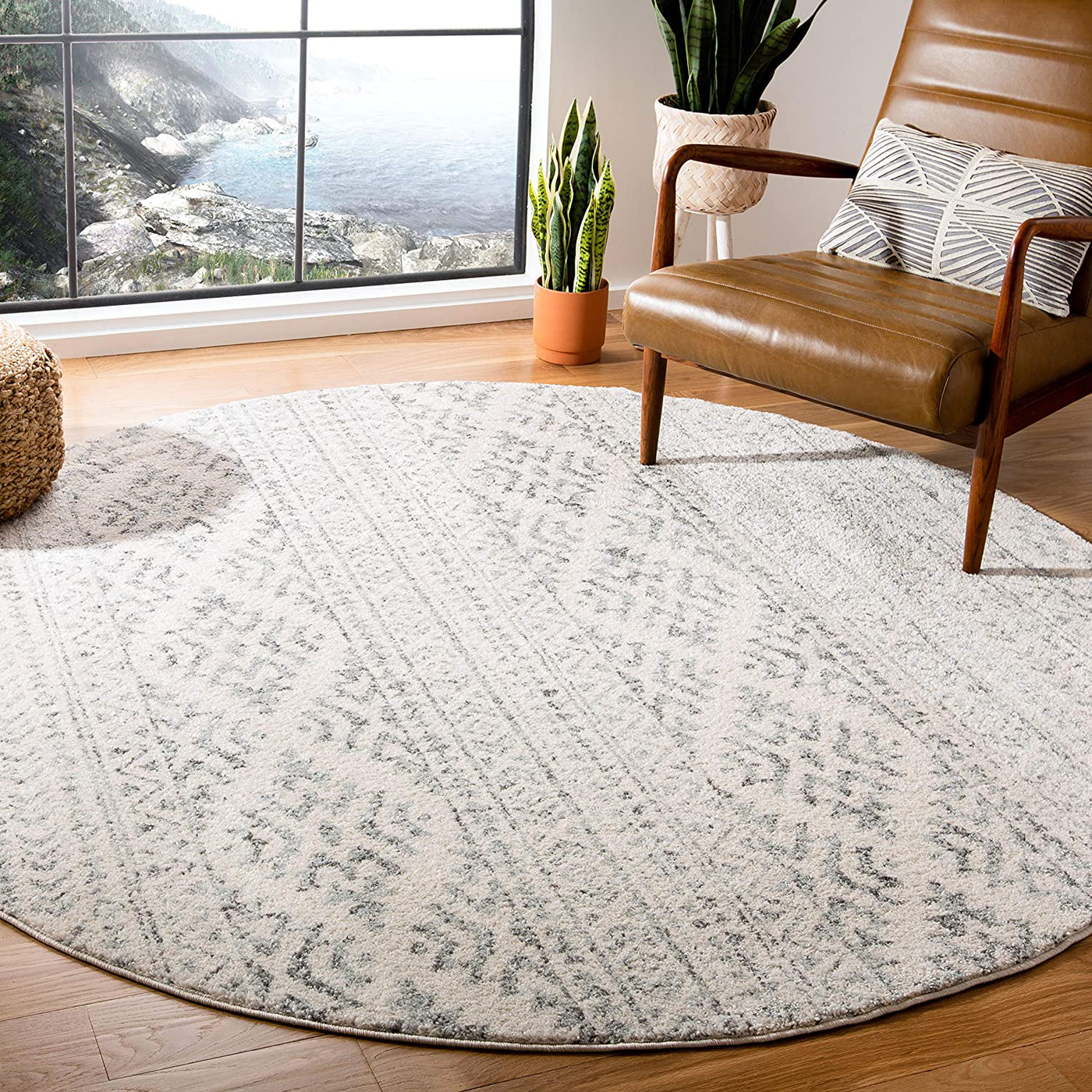 Safavieh Tulum Collection TUL272A Moroccan Boho Tribal Non-Shedding Stain Resistant Living Room Bedroom Area Rug, 3' x 3' Round, Ivory / Grey