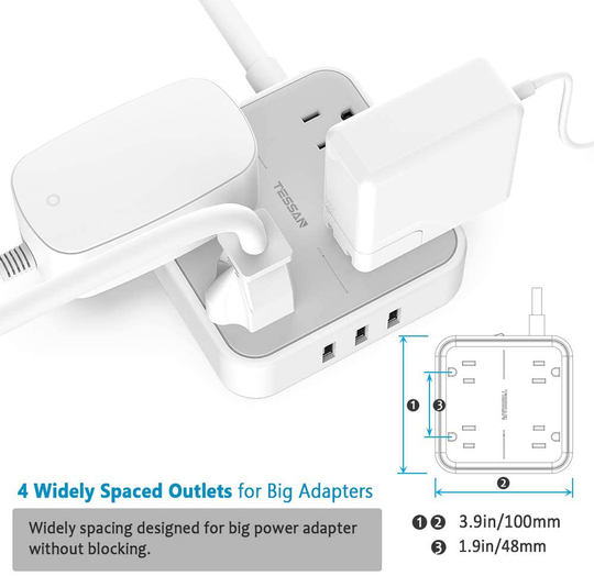 Power Strip with USB Ports, TESSAN Mountable Flat Plug Extension Cord with 4 Widely Spaced Outlets, 3 USB Charger 5 FT Power Cord, Compact Size Charging Station for Travel, Cruise Ship Essentials