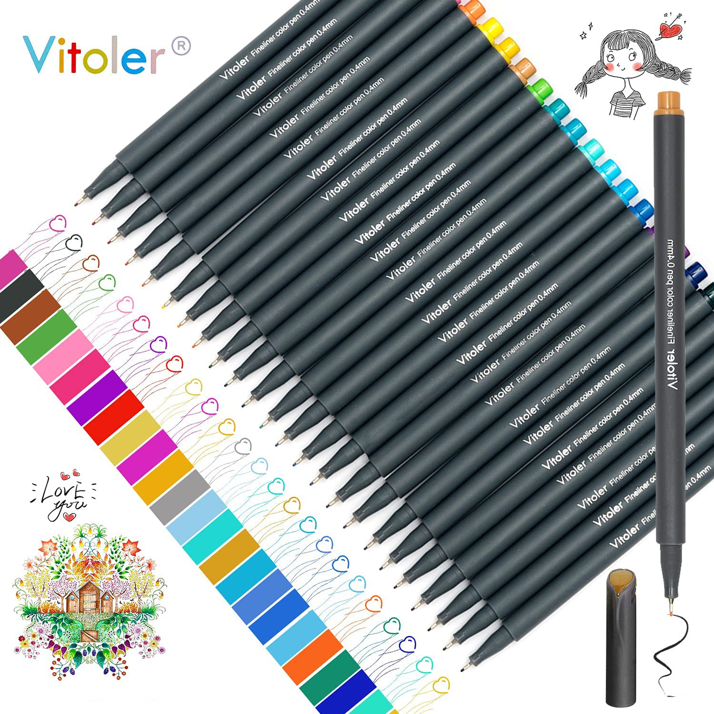 VITOLER Colored Journaling Pens, Fine Line Point Drawing Marker Pens for Writing Journaling Planner Coloring Book Sketching Taking Note Calendar Art Projects Office School Supplies (24 Colors)