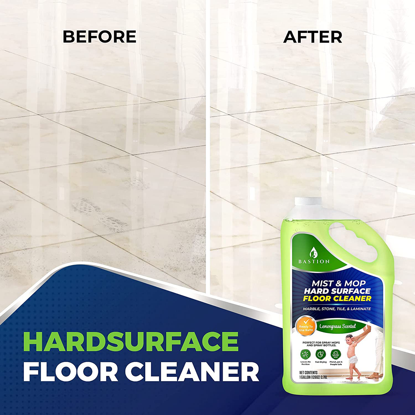 Hard Surface Floor Cleaner Solution - Ready-To-Use - Spray Mop Liquid for Marble, Stone, Granite, Tile, Vinyl, Laminate, Linoleum - Lemongrass, 1 Gallon Bottle