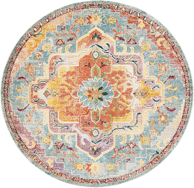 Safavieh Crystal Collection CRS501K Boho Chic Oriental Medallion Distressed Non-Shedding Stain Resistant Living Room Bedroom Area Rug, 4' x 4' Round, Orange / Teal