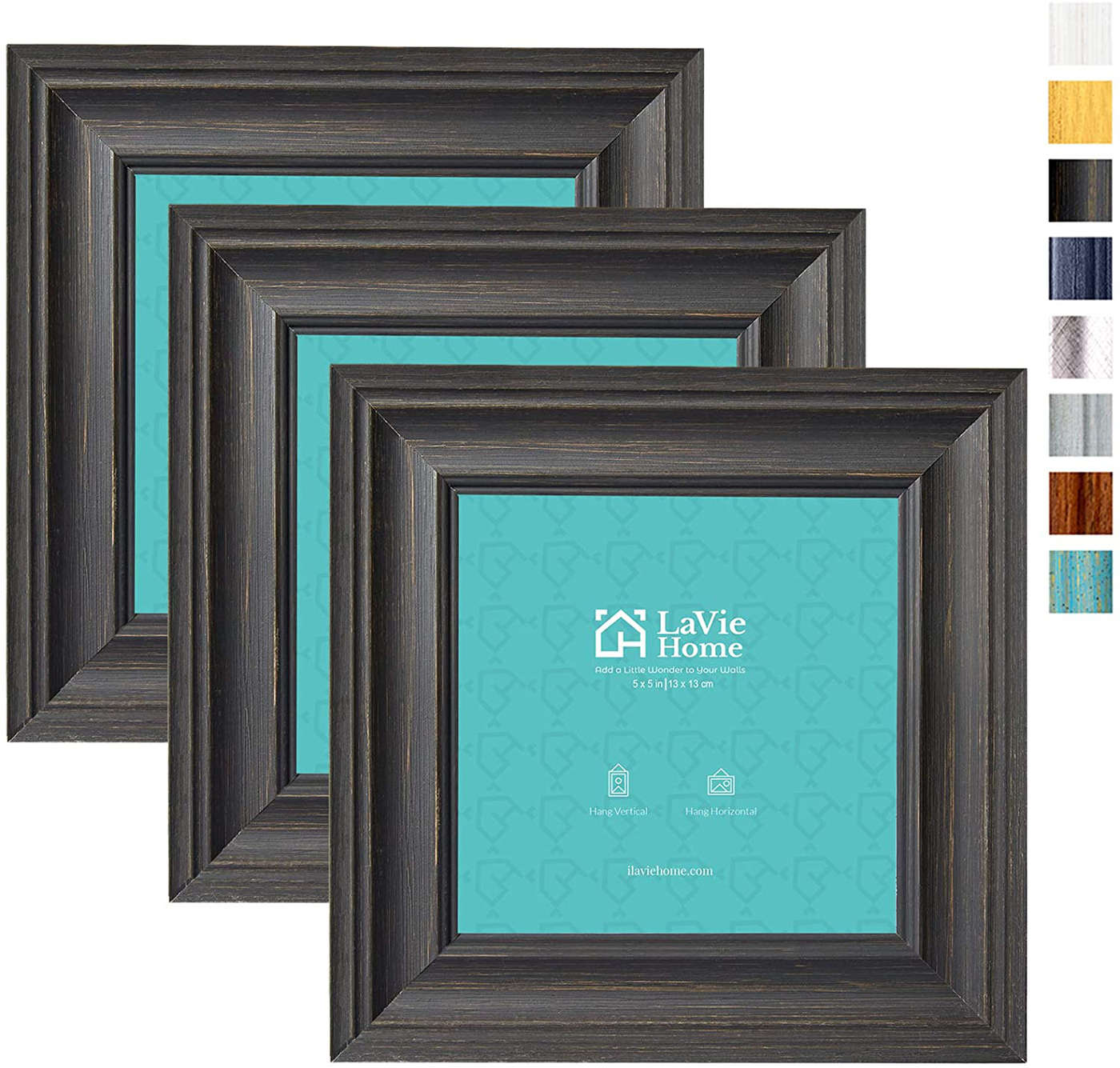 LaVie Home 5x5 Picture Frames (3 Pack, Distressed White Wood Grain) Rustic Photo Frame Set with High Definition Glass for Wall Mount & Table Top Display