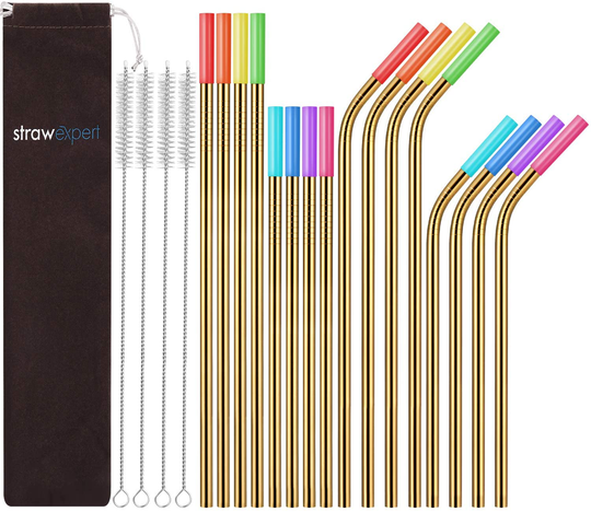 StrawExpert 16 Pack Gold Reusable Metal Straws with Silicone Tip & Travel Case & Cleaning Brush,Long Stainless Steel Straws Drinking Straw for 20 and 30 oz Tumbler