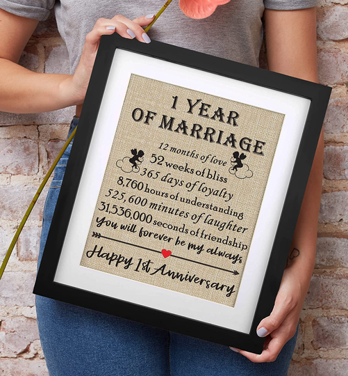 Framed 1st Anniversary Burlap Print Gifts for Couple 1st Wedding Anniversary Keepsake Gift for Husband Wife Paper Anniversary 1 Year of Marriage