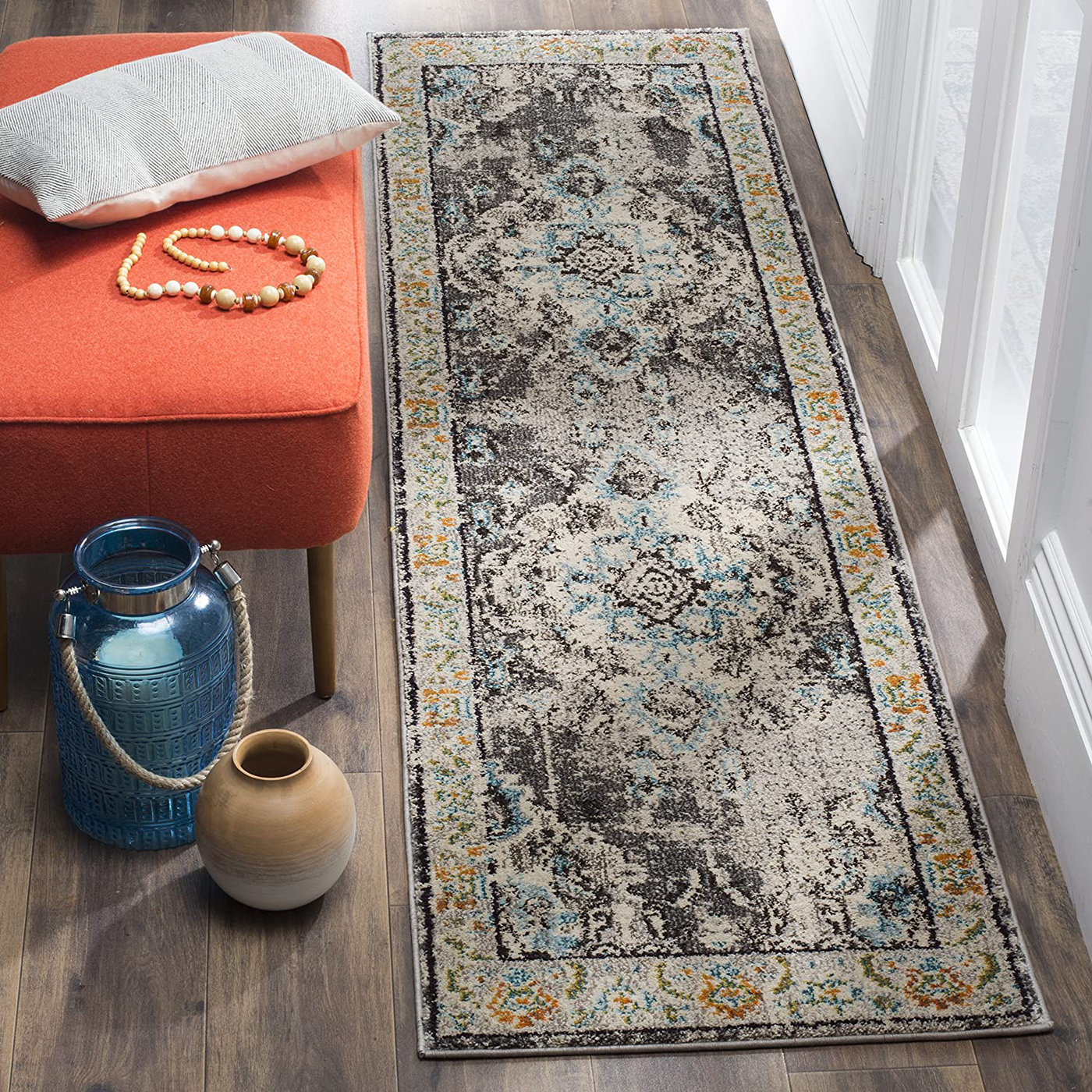 Safavieh Monaco Collection MNC243G Boho Chic Medallion Distressed Non-Shedding Stain Resistant Living Room Bedroom Runner, 2'2" x 6' , Grey / Light Blue