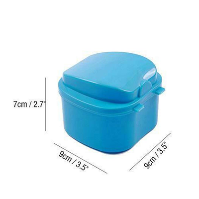 Denture Case, Denture Cup with Strainer, Denture Bath Box False Teeth Storage Box with Basket Net Container Holder for Travel, Retainer Cleaning (Light Blue)