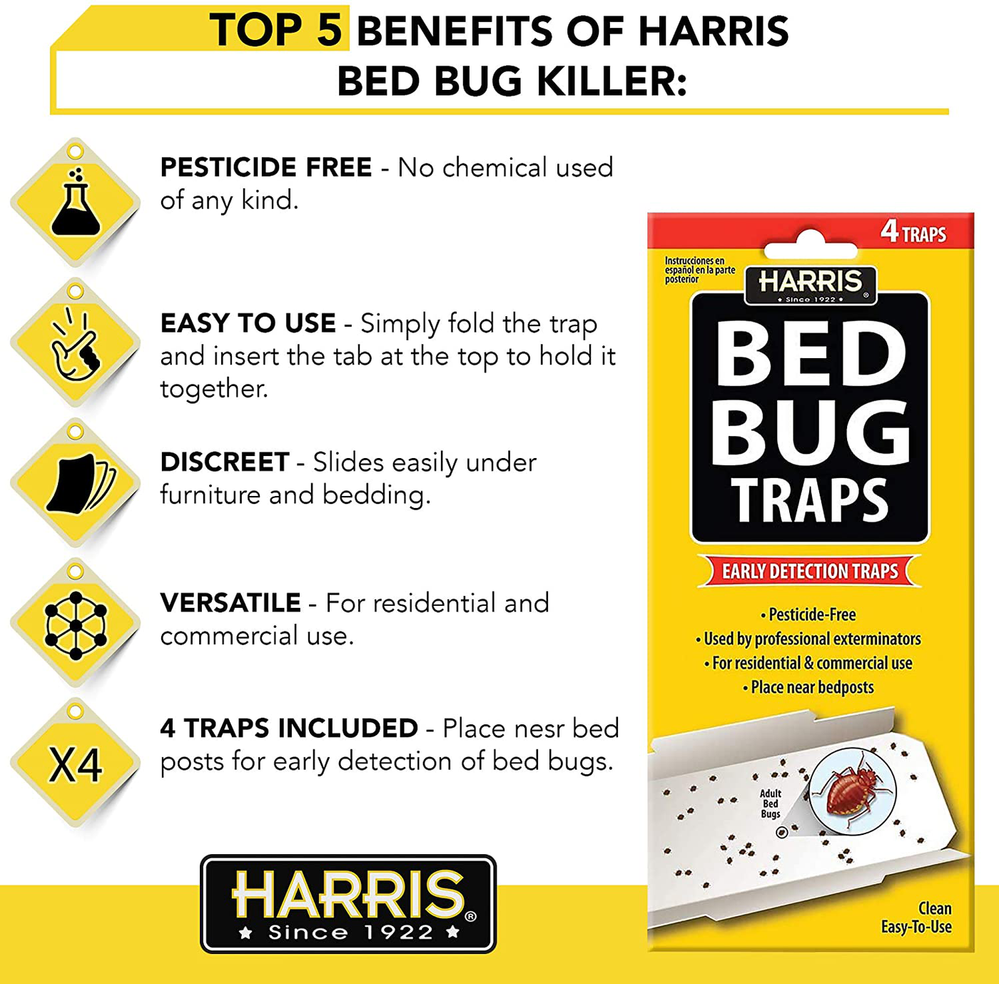 Harris Bed Bug Killer Value Bundle Kit - 32oz Bed Bug Killer, 16oz Aerosol Spray, 4oz Bed Bug Powder w/ Brush, 4-Pack Bed Bug Detection Glue Traps and Bed Bug Bite Relief Gel