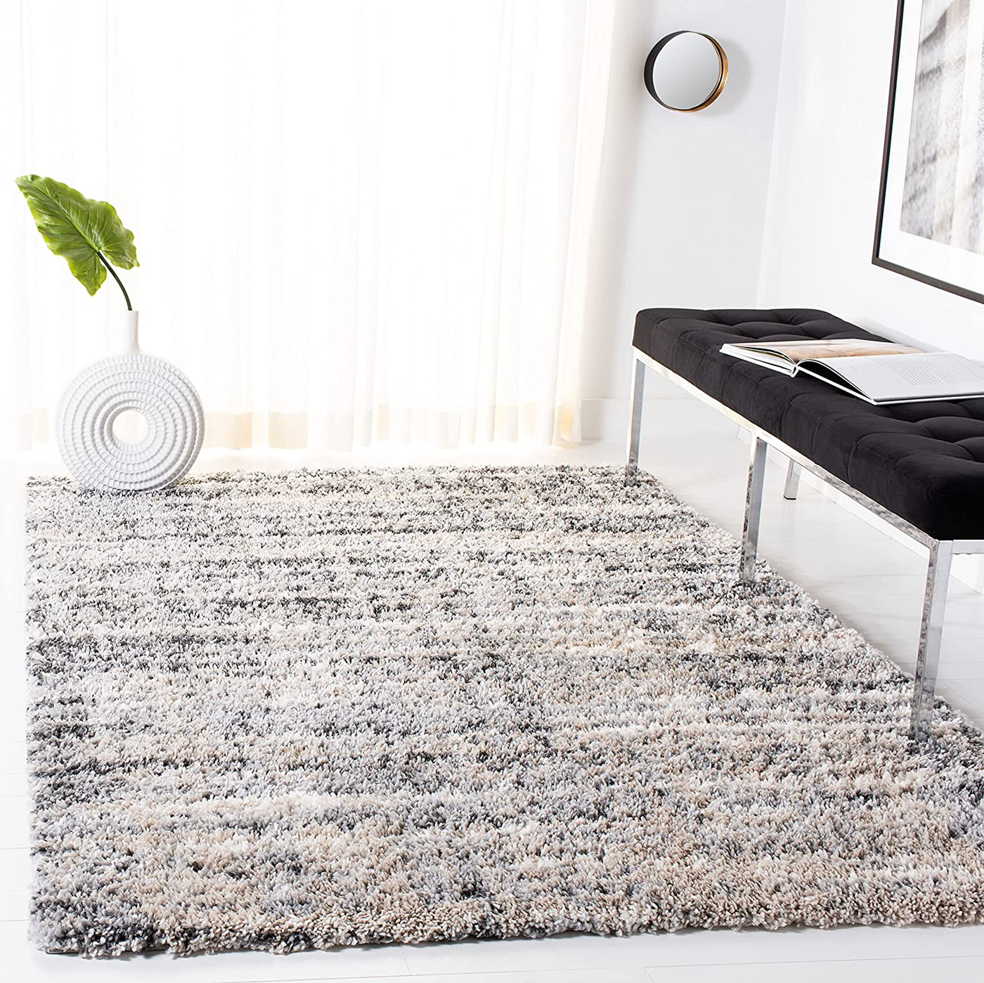 SAFAVIEH Fontana Shag Collection FNT856G Modern Non-Shedding Living Room Bedroom Dining Room Entryway Plush 2-inch Thick Area Rug, 3' x 5', Grey / Ivory