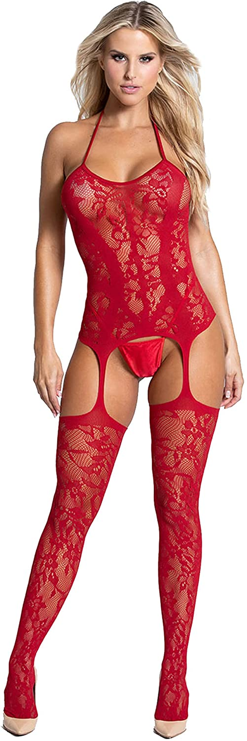 Women's Fishnet Bodystocking Attached Thigh High Stockings - One Size
