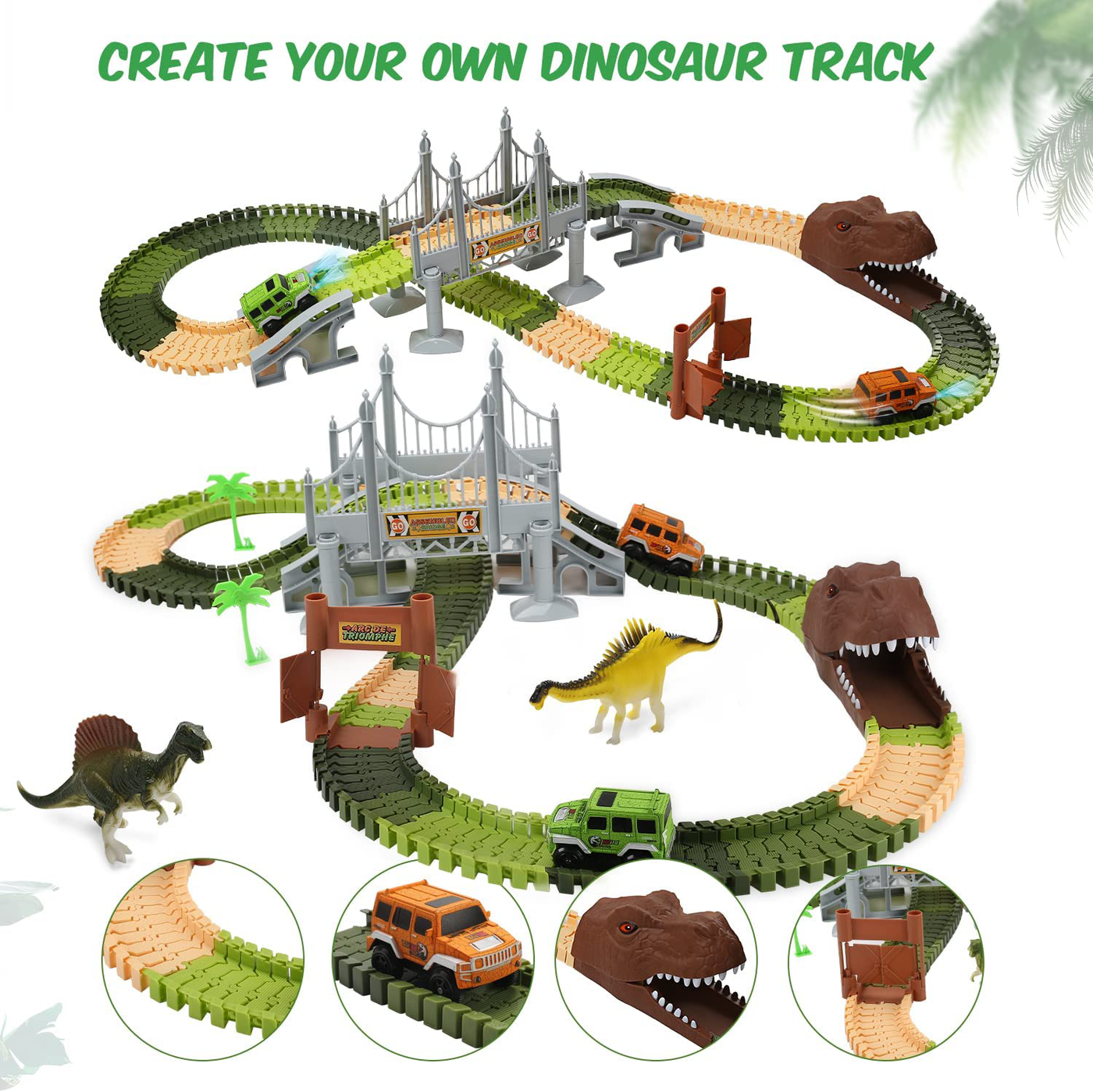 EagleStone Dinosaur Toys 194 Pcs Race Car Track Set for Kids,Flexible Train Tracks to Create A Dino World Road with Bridge,Ramp,2 Electric Cars with LED Light,Best Gift for Toddlers Boys and Girls
