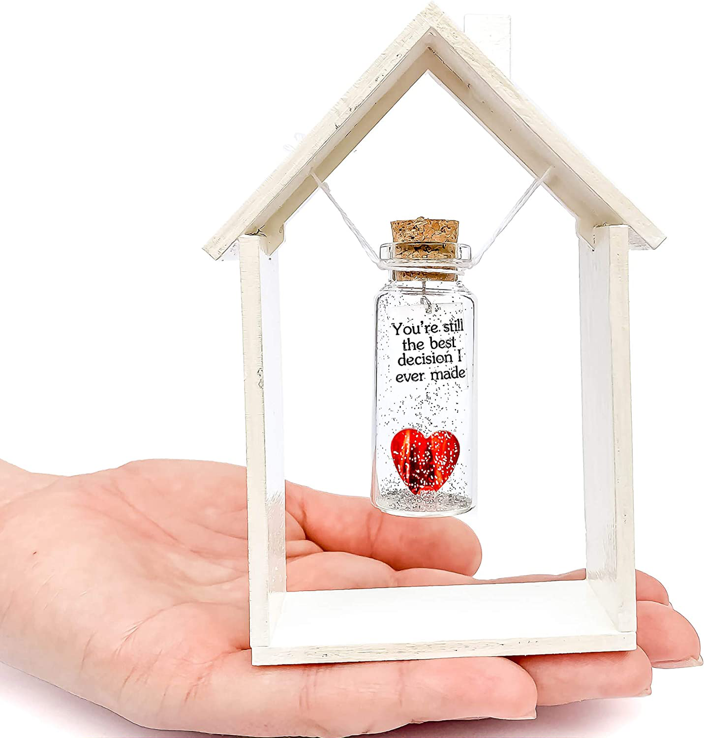 Heart and Message in a Bottle Love Present, Romantic Decoration for Boyfriend or Girlfriend, Anniversary Wish Jar with Card (Red Heart in a Bottle, You're Still the Best Decision I Ever Made)