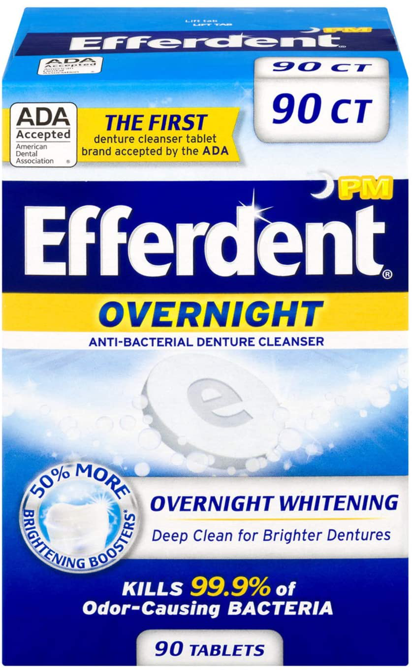 Efferdent PM Denture Cleanser Tablets, Overnight Whitening, 90 Count