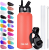 Glink Stainless Steel Water Bottle with Straw, 12-64 oz Wide Mouth Double Wall Vacuum Insulated Water Bottle Leakproof, Straw Lid and Spout Lid with New Rotating Rubber Handle