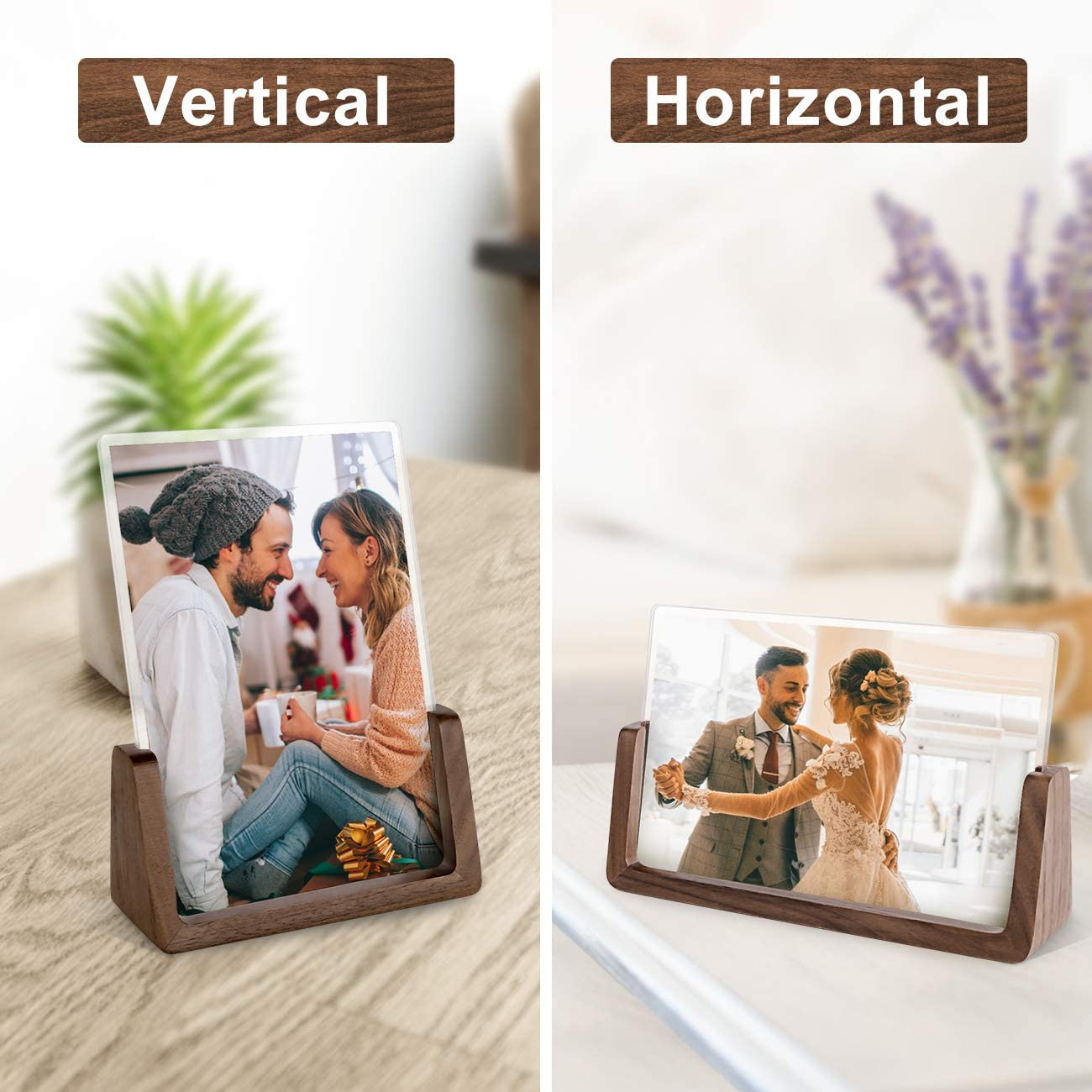 Mixoo Picture Frame 2 Pack - Rustic Wooden Photo Frames with Walnut Wood Base and High Definition Break Free Acrylic Glass Covers for Tabletop or Desktop Display (4x6 inch, Horizontal + Vertical)