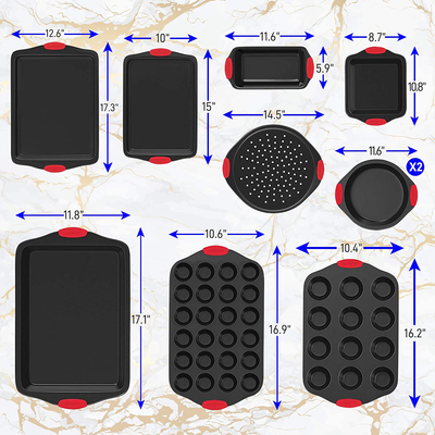 Multi-Piece Carbon Steel Nonstick Bakeware Baking Tray Set w/Heat Red Silicone Handles, Oven Safe, Cookie Sheet