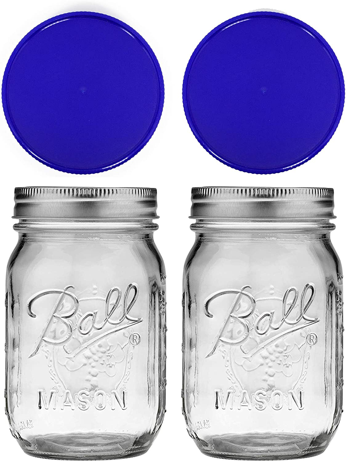 2 Ball Mason Jars - Regular Mouth with 2 Plastic (BPA Free) Storage Lids- Made in the USA (16oz Reg Mouth 2 Pack blue)