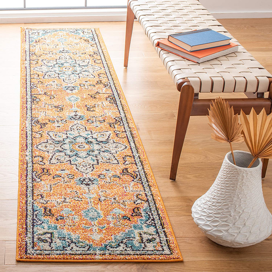 Safavieh Madison Collection MAD473P Boho Chic Medallion Distressed Non-Shedding Stain Resistant Living Room Bedroom Area Rug, 2' x 8', Orange / Teal