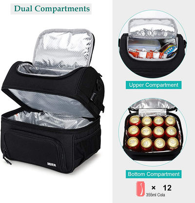 MIER Dual Compartment Lunch Bag Tote with Shoulder Strap for Men and Women Insulated Leakproof Cooler Bag, Dark Grey