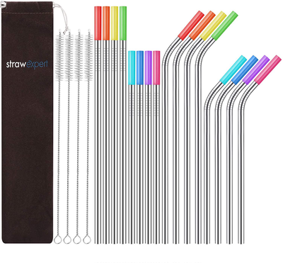 StrawExpert Set of 16 Reusable Stainless Steel Straws with Travel Case Cleaning Brush Silicone Tips Eco Friendly Extra Long Metal Straws Drinking for 20 24 30 oz Tumbler