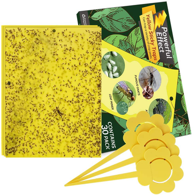 30-Pack Dual-Sided Yellow Sticky Gnat Traps for Indoor/Outdoor Flying Plant Insect Like Fungus Gnats, Whiteflies, Aphids, Leaf Miners, Thrips, Other Flying Plant Insects - 6x8 Inches