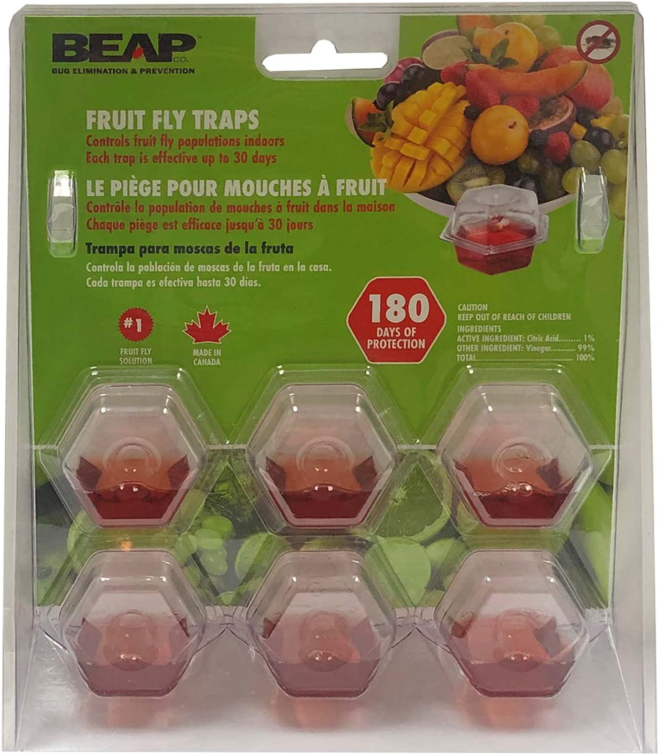 BEAPCO 10036 Prefilled Fruit Fly Traps, 6-Pack, Red