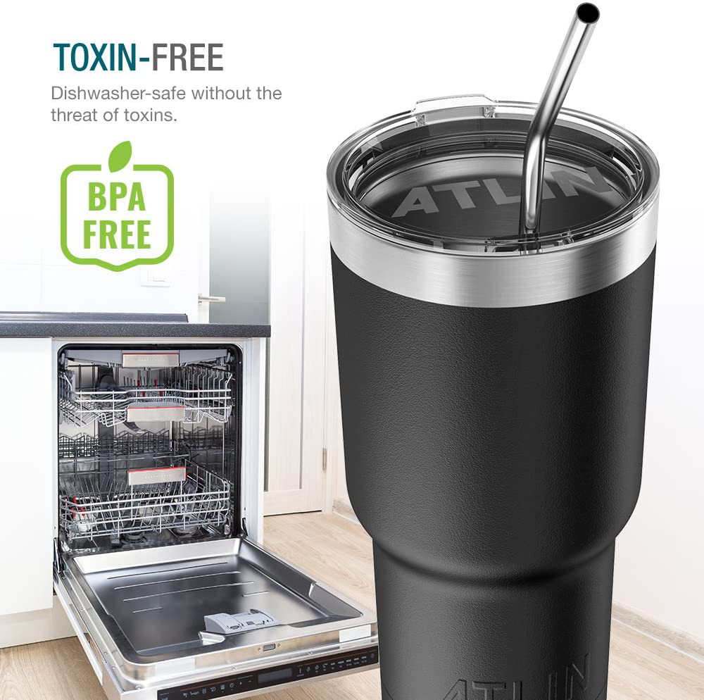 Atlin Tumbler [30 oz. Double Wall Stainless Steel Vacuum Insulation] - Black Travel Mug [Crystal Clear Lid] Water Coffee Cup [Straw + Handle Included]For Home, Office, School, Ice Drink, Hot Beverage