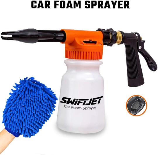 SwiftJet Car Wash Foam Gun Sprayer with Microfiber Wash Mit - Adjustable Water Pressure & Soap Ratio Dial - Foam Cannon Attaches to Any Garden Hose (Foam Sprayer with Wash Mit)