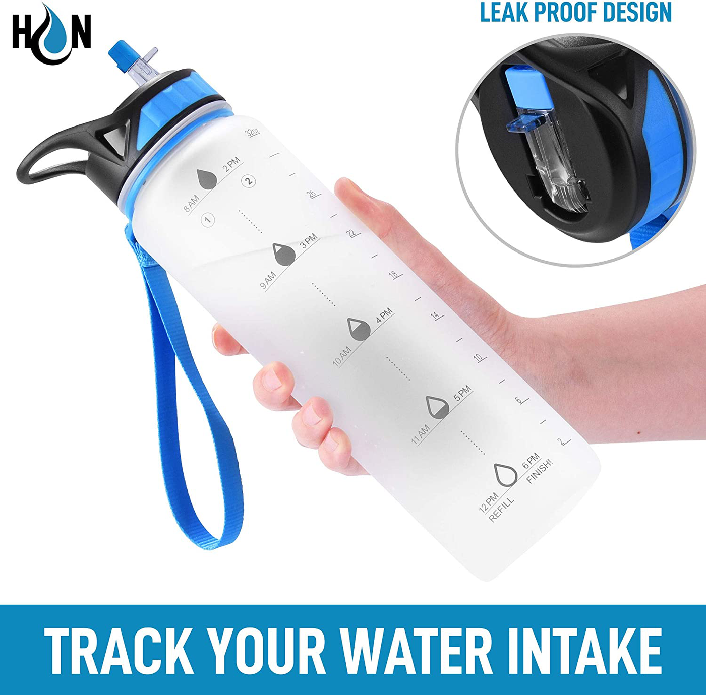 Hydration Nation (32oz) Water Bottle With Time Marker - Leak Proof Water Bottles With Times To Drink For Fitness & Sports - 32oz Water Bottle With Straw For Drinking - Water Tracker Bottles (White)